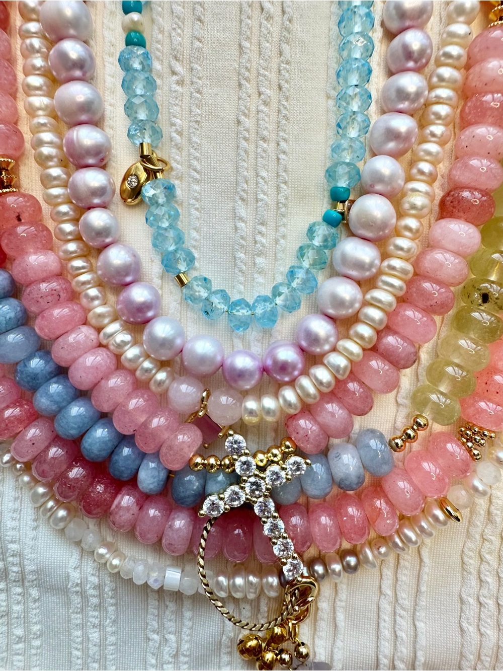 Strawberry 🍓 Quartz Pink Beaded Necklace with Gold CZ Cross Charm